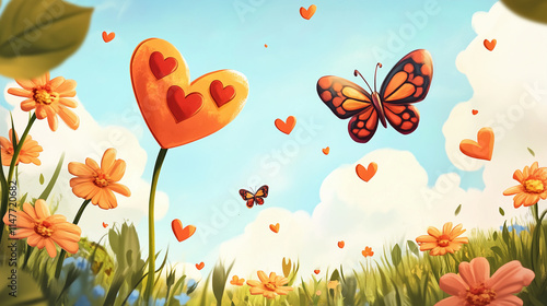 Illustration of a garden where flowers have heart-shaped petals, and butterflies with heart patterns on their wings flutter around photo