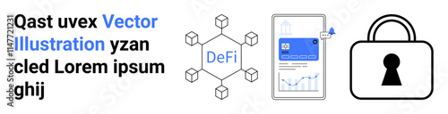 Four blockchain elements connected to DeFi, mobile app with chart and bitcoin icon, black lock. Ideal for blockchain, cryptocurrency, finance, security, technology, digital wallets online banking