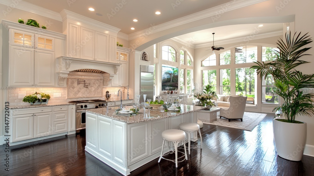 Spacious kitchen with island, white cabinets, granite countertops, and hardwood floors, opening to a living area with large windows and a view of nature. Spacious kitchen with island, white cabinets, granite countertops, and hardwood floors, opening to a living area with large windows and a view of nature.