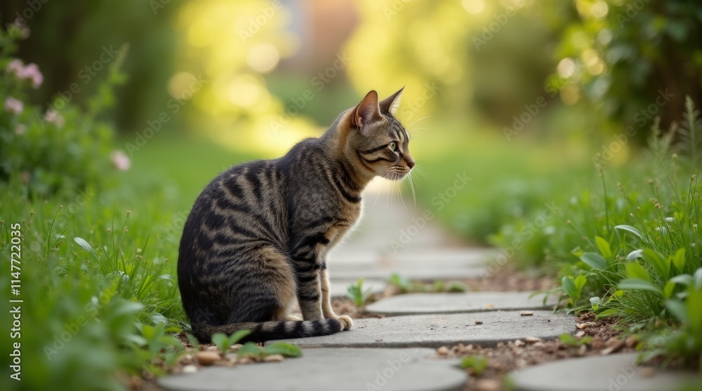 Obraz premium European short-haired cat sitting on a stone path in a green garden, soft sunlight highlighting the fur, creating a calm and peaceful scene with natural elements.