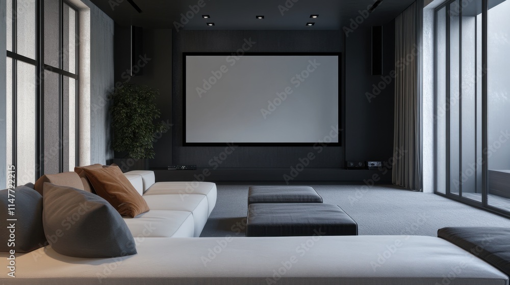 Fototapeta premium Minimalist modern home theater with clean, sophisticated design. Featuring neutral tones and sleek lines