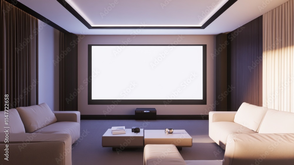 Minimalist modern home theater with clean, stylish design. Featuring neutral tones and sleek furnishings Minimalist modern home theater with clean, stylish design. Featuring neutral tones and sleek furnishings