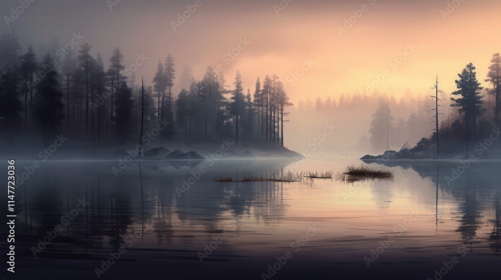 A serene sunrise over a misty lake, featuring silhouetted pine trees and soft hues of orange and blue. A serene sunrise over a misty lake, featuring silhouetted pine trees and soft hues of orange and blue.