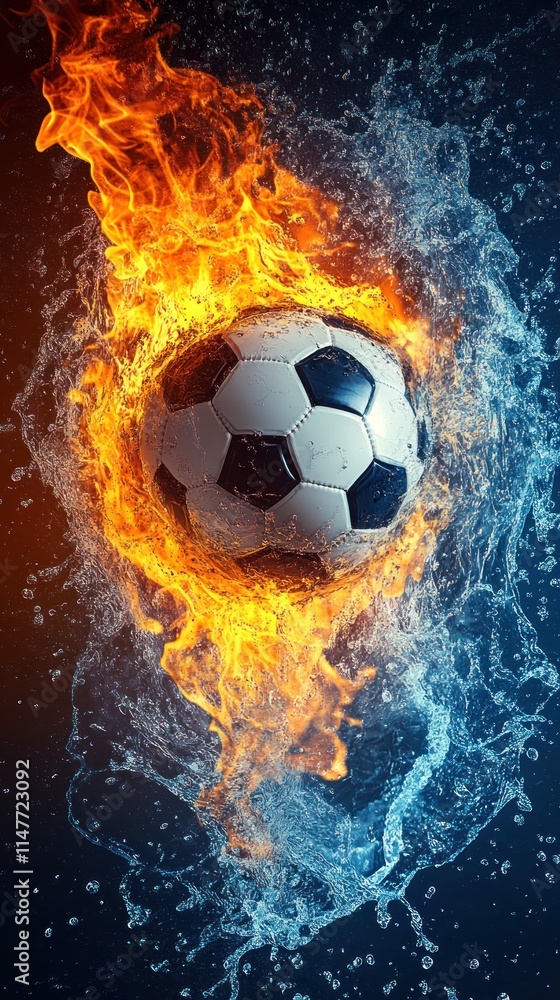Naklejka premium Soccer Ball Enveloped in Fire and Water