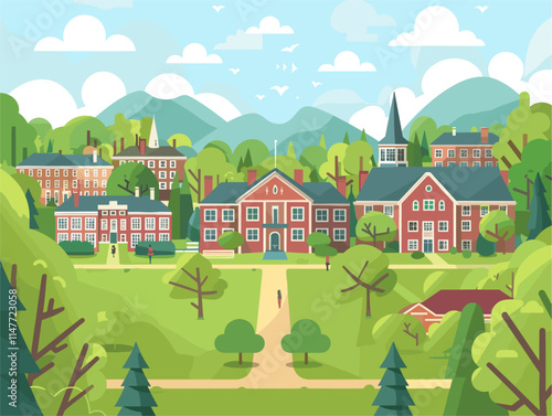 College Campuses: Animated Landscape with Academic Buildings, Dormitories, Libraries, and Green Spaces