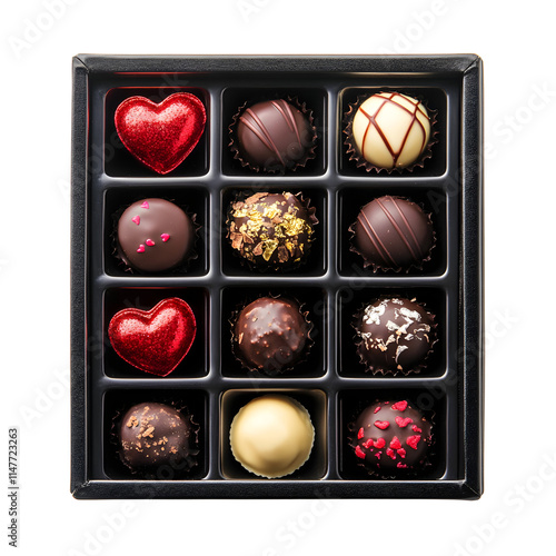 Top View of delicious chocolate Truffles Valentine's in a box on transparent background photo