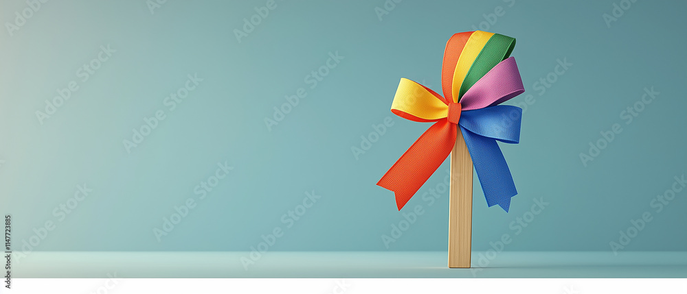 Fototapeta premium Colorful Rainbow Bow on Wooden Post.
