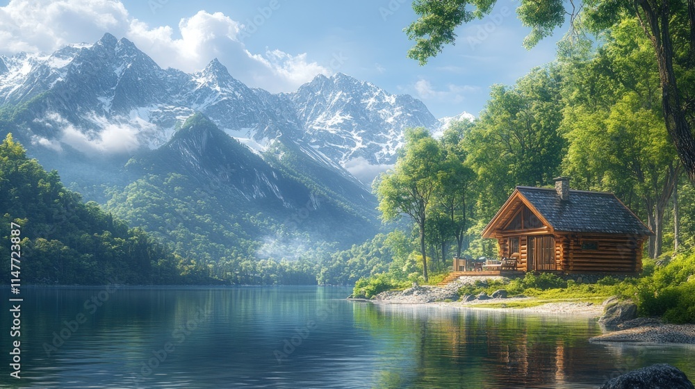 Secluded log cabin, serene lake, majestic mountains. Secluded log cabin, serene lake, majestic mountains.