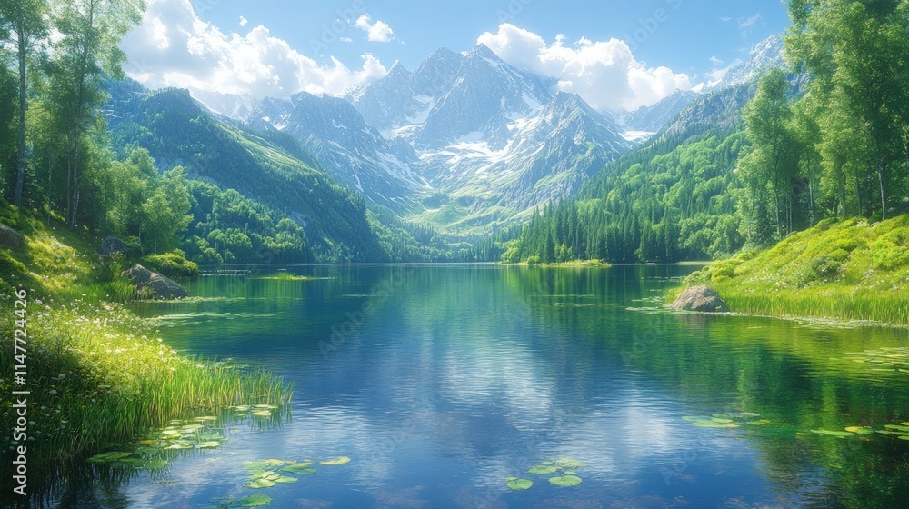 Serene mountain lake, lush greenery, sunny sky. Serene mountain lake, lush greenery, sunny sky.