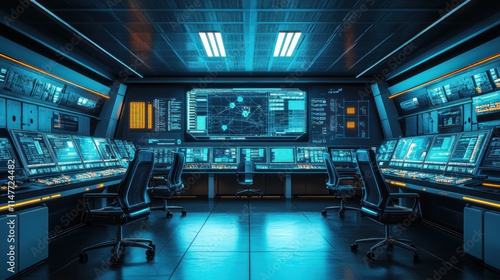 Futuristic Control Room Monitoring System Displays Data Futuristic Control Room Monitoring System Displays Data