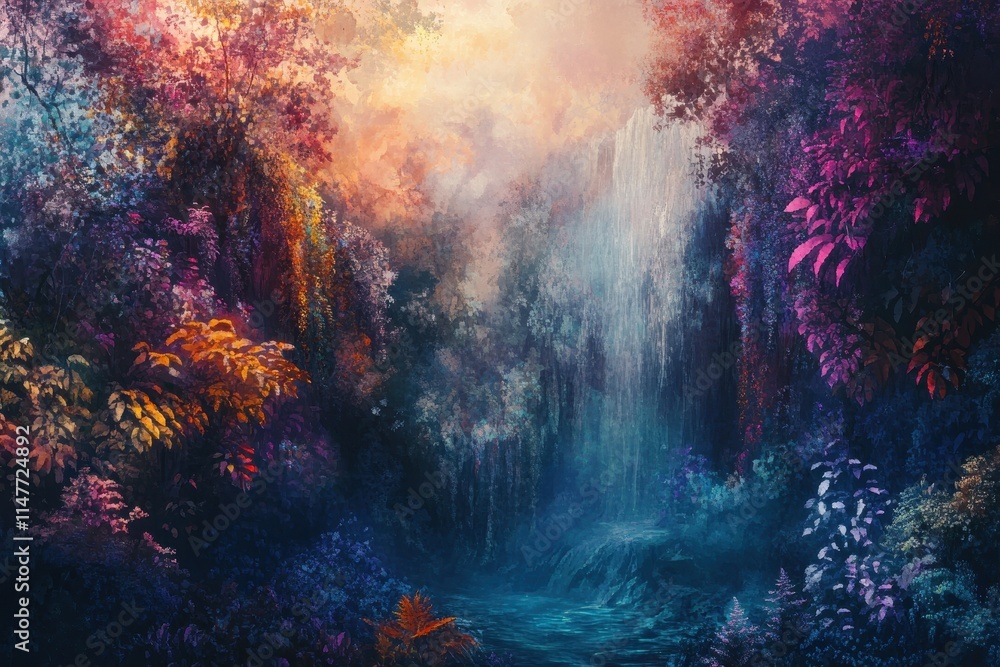AI generative, A Watercolor Depiction of a Waterfall in a Lush, Enchanting Forest AI generative, A Watercolor Depiction of a Waterfall in a Lush, Enchanting Forest