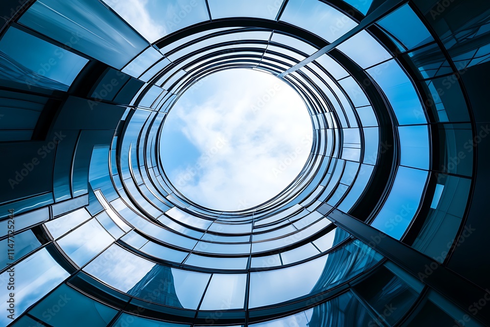 Obraz premium Spiral Modern Architecture, Glass Facade, Urban Sky
