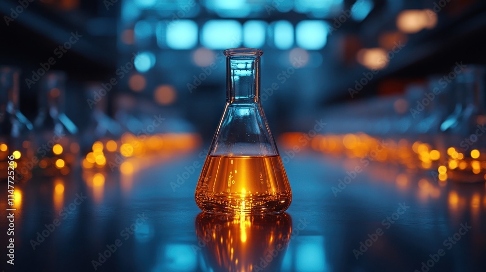 Illuminated amber liquid in Erlenmeyer flask on lab table. Illuminated amber liquid in Erlenmeyer flask on lab table.