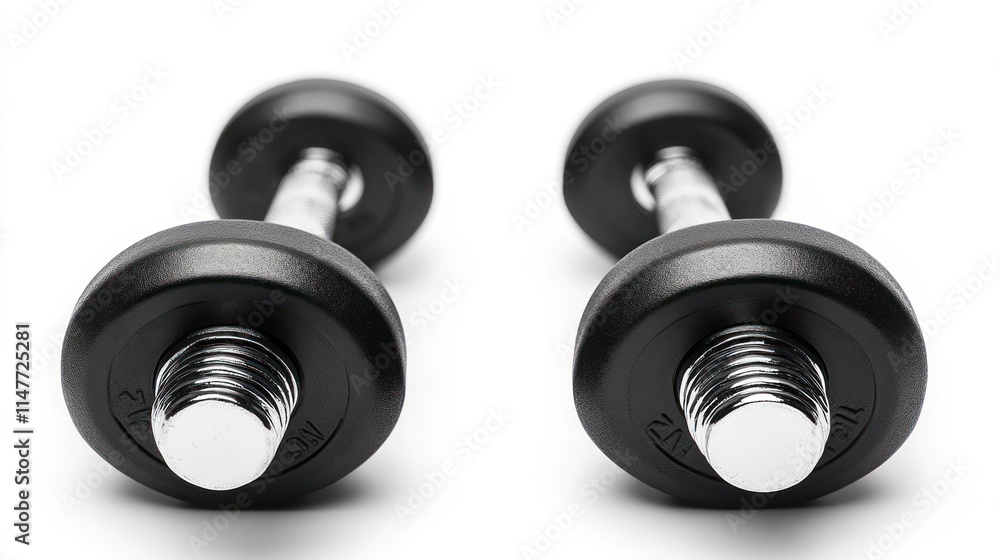 Two black dumbbells with chrome handles, isolated on white. Two black dumbbells with chrome handles, isolated on white.