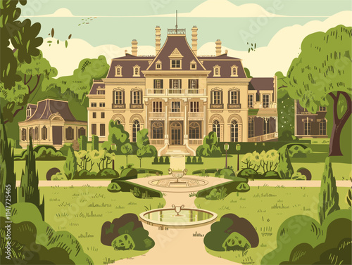 Animated Historic Estates: A Glimpse of Grandeur and Historical Charm in a Modern Art Style