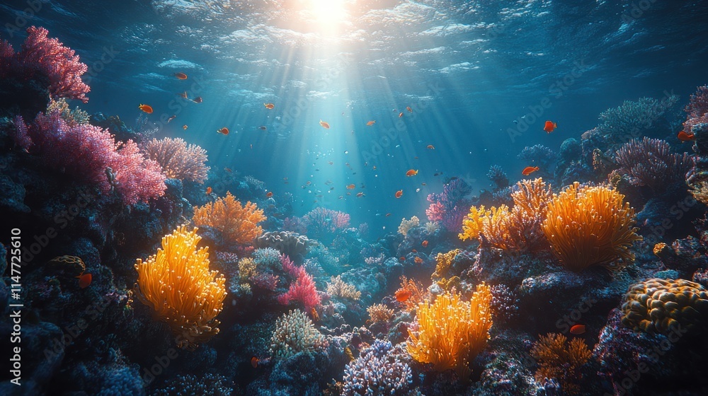 Fototapeta premium Vibrant coral reef underwater scene with sunlight.