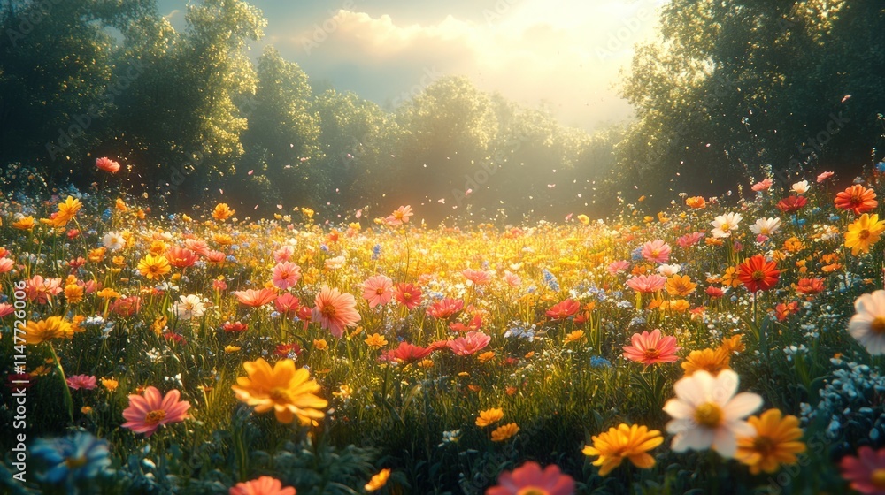 Sunlit field, vibrant wildflowers, idyllic scenery. Sunlit field, vibrant wildflowers, idyllic scenery.