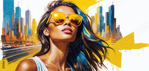 Stylish woman wearing yellow sunglasses with a city skyline in the background. Perfect for fashion, lifestyle, and urban-themed projects.

