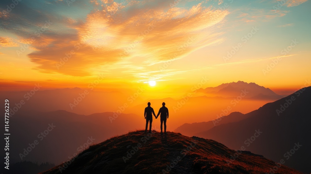 A beautiful sunrise on a mountaintop with two people holding hands, staring at the horizon, symbolizing hope, personal growth, and new opportunities. A beautiful sunrise on a mountaintop with two people holding hands, staring at the horizon, symbolizing hope, personal growth, and new opportunities.