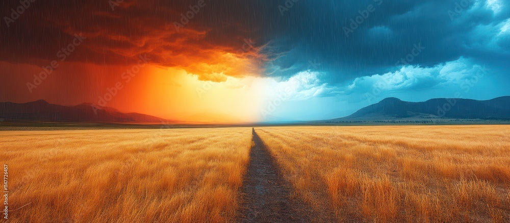 Obraz premium Dramatic sunset over golden field with stormy sky.