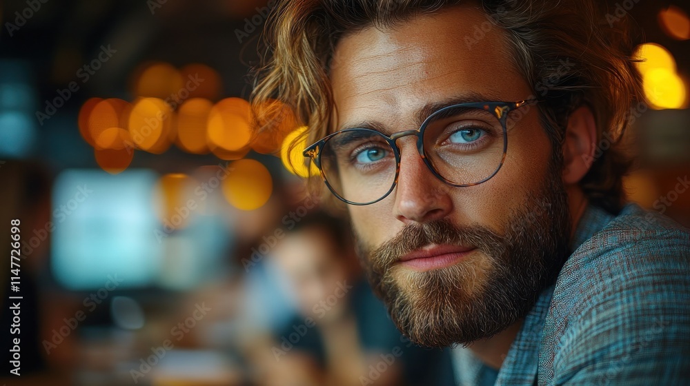 Close-up portrait of a handsome man with glasses and beard in a cafe. Close-up portrait of a handsome man with glasses and beard in a cafe.