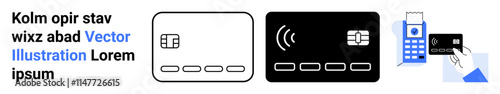 Credit cards with a chip, contactless payment icon, and a point-of-sale terminal being used. Ideal for fintech apps, ecommerce, digital wallets, banking services, online transactions, retail sales