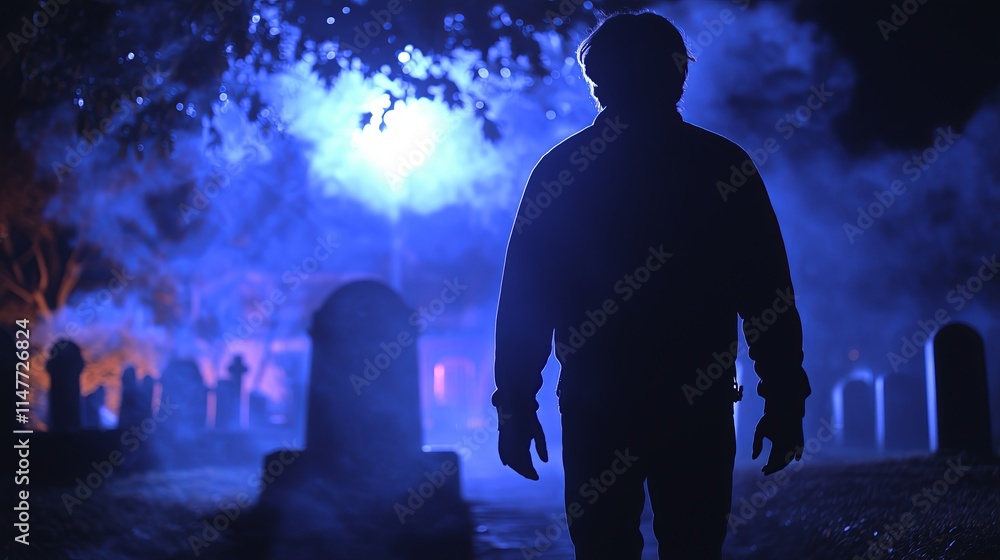 Silhouetted figure walking in foggy graveyard at night. Silhouetted figure walking in foggy graveyard at night.