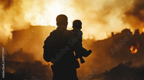 Soldier carries child away from burning buildings