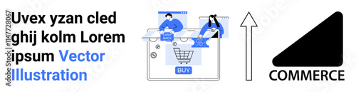 Users interacting with a shopping cart on a digital interface, signifying online buying. Upward arrow symbolizes growth. Commerce label highlights business. Ideal for e-commerce, business growth