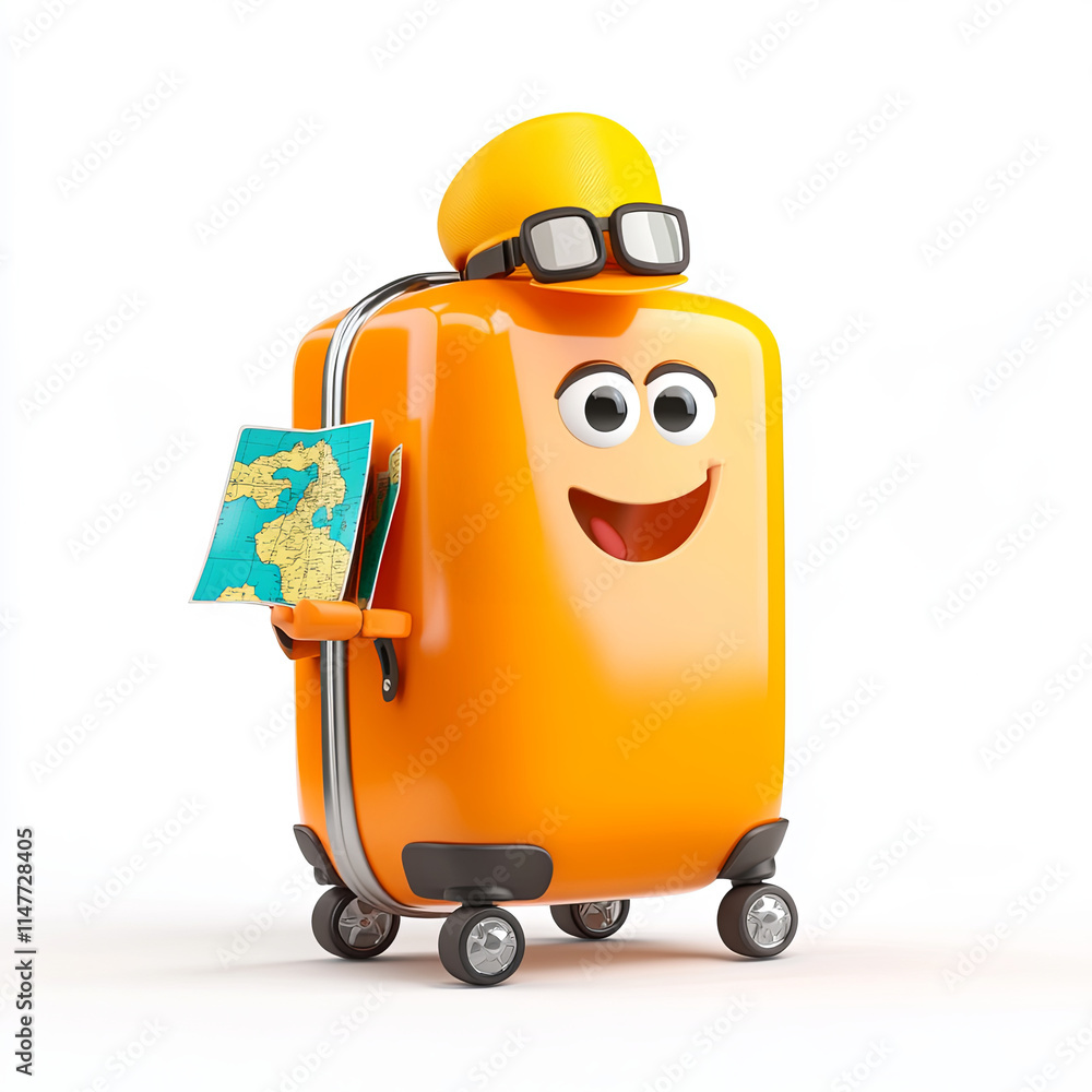 cheerful cartoon suitcase with shiny wheels, small explorer hat, and glasses, holding tiny travel map on clean white background. Perfect for travel themed designs cheerful cartoon suitcase with shiny wheels, small explorer hat, and glasses, holding tiny travel map on clean white background. Perfect for travel themed designs
