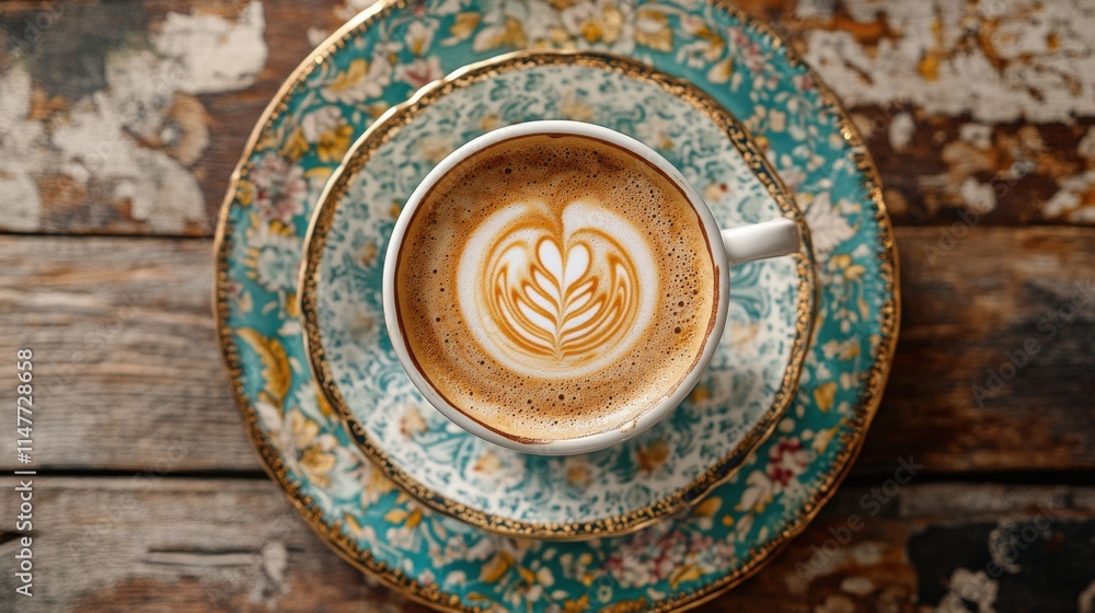 Top view of a frothy cappuccino with latte art in a white cup, placed on a wooden table. Top view of a frothy cappuccino with latte art in a white cup, placed on a wooden table.