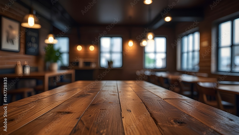 Wooden board empty table in front of blurred background. Perspective brown wood over blur in coffee shop Generative AI Wooden board empty table in front of blurred background. Perspective brown wood over blur in coffee shop Generative AI