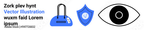 Handbag with tag, shield with check mark, large eye icon. Ideal for fashion, security, surveillance, safety, privacy branding e-commerce. Landing page