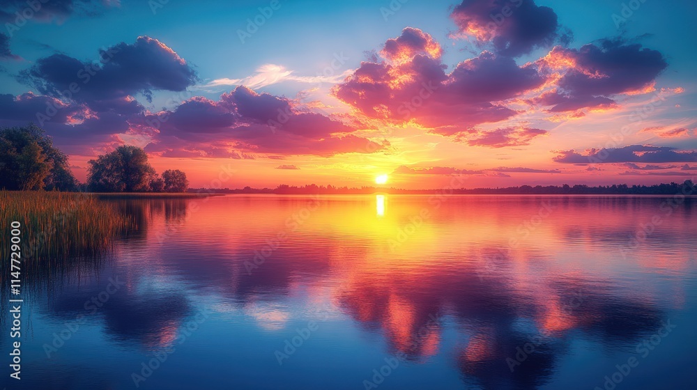 Sunset reflects on calm lake, vibrant colors. Sunset reflects on calm lake, vibrant colors.