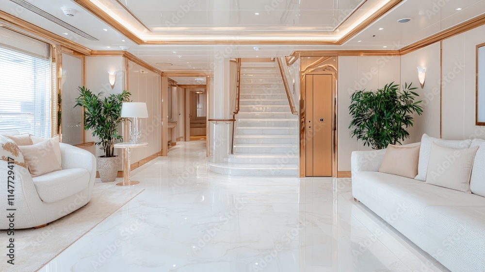 Luxurious yacht interior with marble floors, staircase, and plush seating. Luxurious yacht interior with marble floors, staircase, and plush seating.
