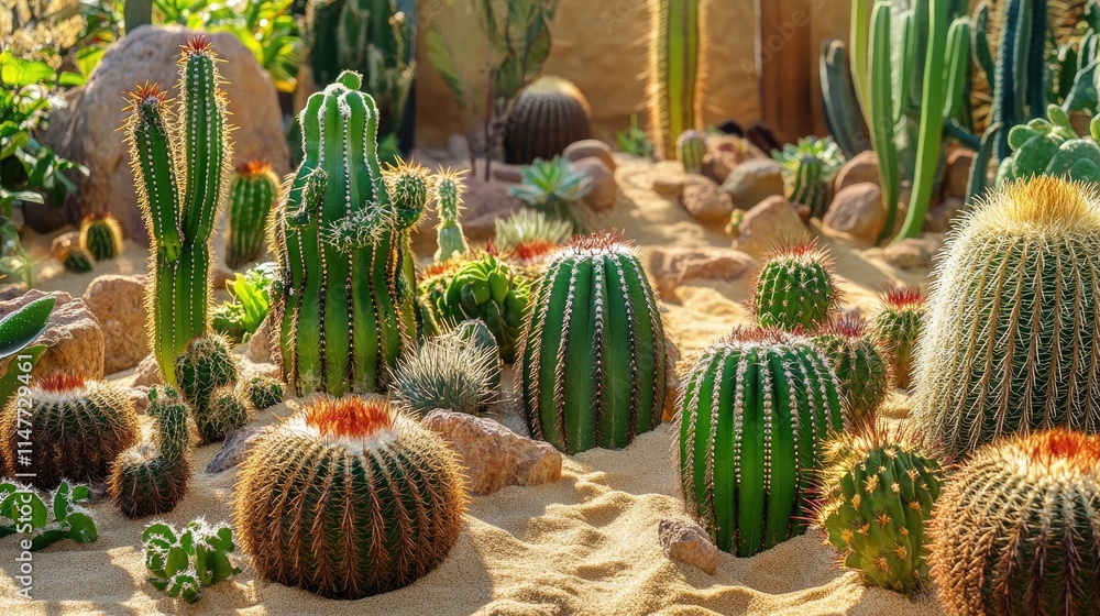 A collection of green cacti of various shapes and sizes arranged in a desert garden, surrounded by sand and natural light. A collection of green cacti of various shapes and sizes arranged in a desert garden, surrounded by sand and natural light.
