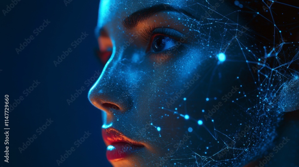 Woman's Face, Neon Glow, Network, Futuristic, Portrait Woman's Face, Neon Glow, Network, Futuristic, Portrait