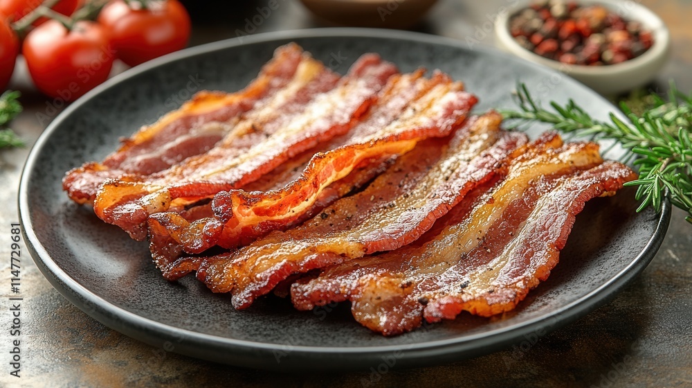 Crispy bacon strips arranged on a plate, garnished with herbs and fresh tomatoes. Crispy bacon strips arranged on a plate, garnished with herbs and fresh tomatoes.