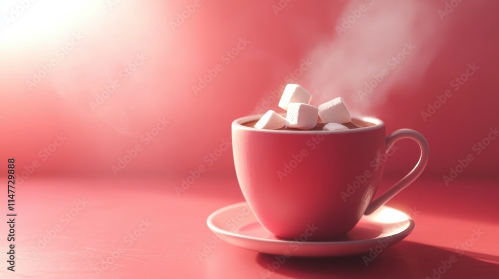 Pink Mug of Hot Cocoa with Marshmallows on Pink Background - Cozy Winter Drink Pink Mug of Hot Cocoa with Marshmallows on Pink Background - Cozy Winter Drink