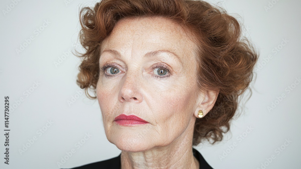 Portrait of a mature woman with red curly hair, looking directly at the camera against a white background.