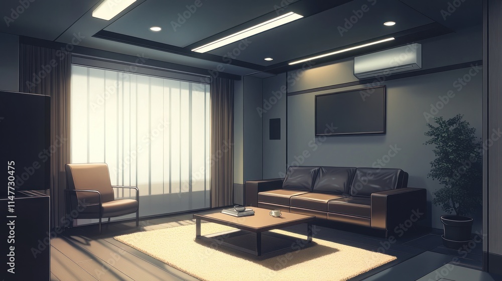 Fototapeta premium Modern living room with leather sofa, sunlight streaming through window.