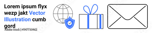 Globe with shield depicting security, gift box, envelope, and placeholder text with blue vector illustration heading. Ideal for security, communication, gifting, mail services, landing page designs
