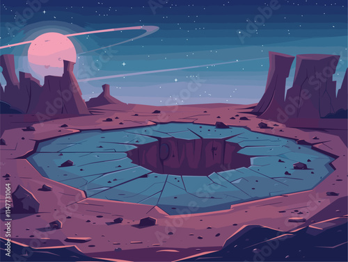 Animated Impact Craters: Depictions of Celestial Scars on Planetary Landscapes in Vibrant Flat Vector Style