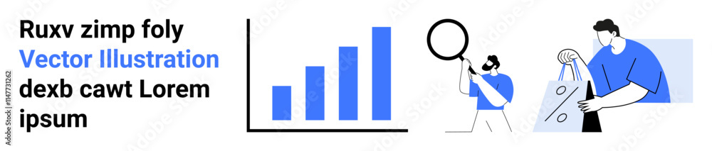 Bar chart analysis, person with magnifying glass, team member adjusting settings. Ideal for data review, teamwork, market research, business strategy, statistics, project management presentations Bar chart analysis, person with magnifying glass, team member adjusting settings. Ideal for data review, teamwork, market research, business strategy, statistics, project management presentations