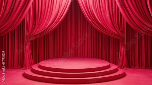 Red velvet curtains frame a three tiered stage