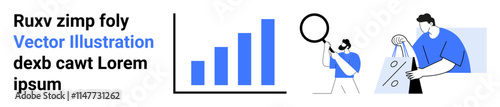 Bar chart analysis, person with magnifying glass, team member adjusting settings. Ideal for data review, teamwork, market research, business strategy, statistics, project management presentations