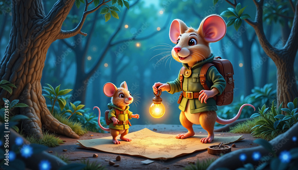 Naklejka premium Adventurous mice exploring forest with a glowing lantern.