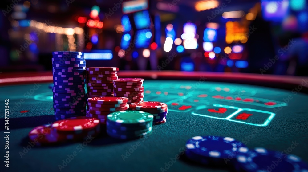A dynamic casino table with Bitcoin and poker chips, illuminated by flashing lights, creating a vibrant and energetic gaming atmosphere A dynamic casino table with Bitcoin and poker chips, illuminated by flashing lights, creating a vibrant and energetic gaming atmosphere