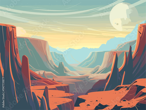 Animated Illustration of a Flat Style Landscape with Canyons and Valleys