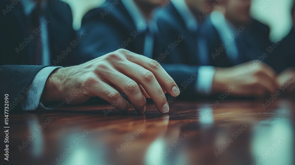 Close-up of a hand resting on a polished wooden table during a business meeting, symbolizing decision-making, leadership, and professionalism in a corporate setting.
